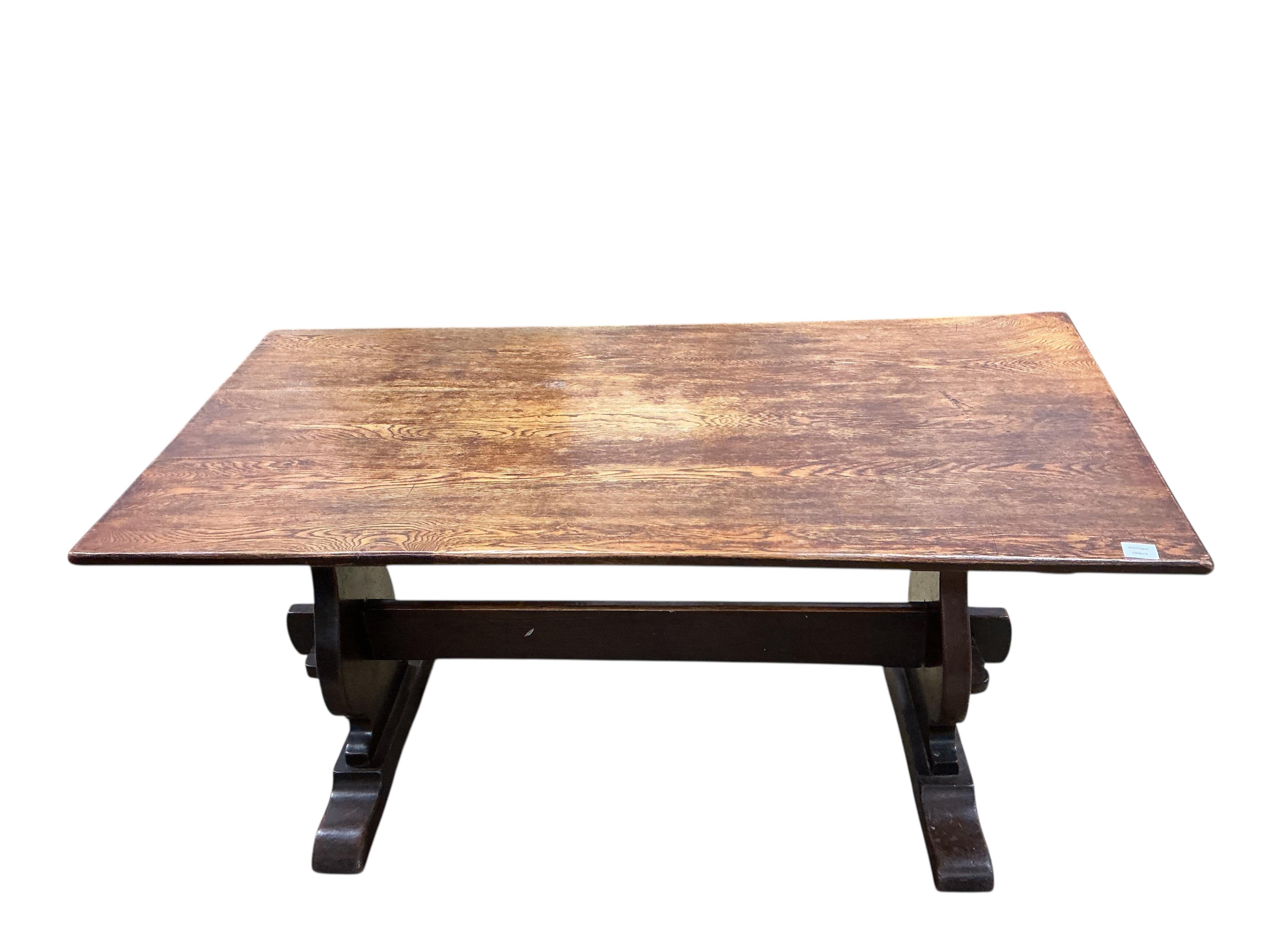An 18th century style rectangular oak refectory dining table, width 150cm, depth 74cm, height 74cm